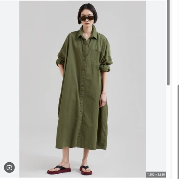 The Frankie Shop | Kason Oversized Shirt Dress Button Front Midi Dark Olive OS - Picture 2 of 16